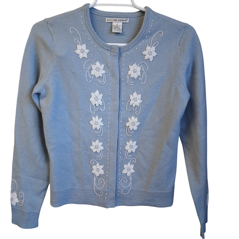 Jillian Jones Vintage 100 Lambswool Beaded Snowflake Cardigan Sweater Small EUC